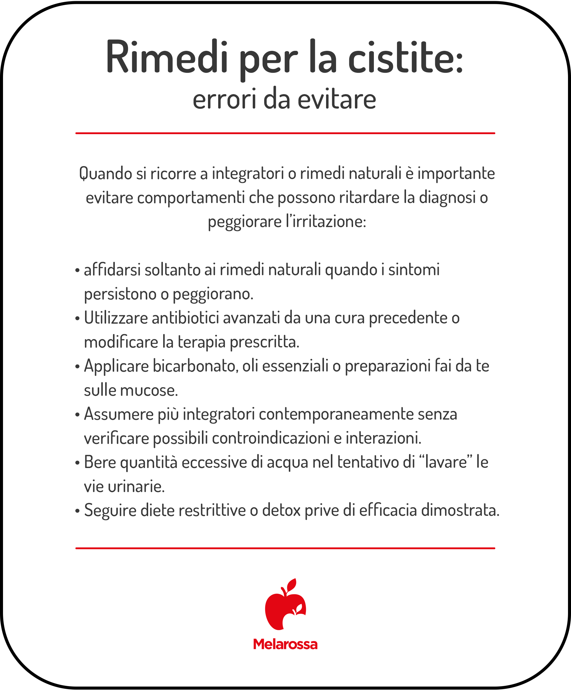 Rimedi naturali per la cistite: quali sono e quando possono aiutare 1 Grafica sui rimedi naturali per la cistite con gli errori da evitare nell’uso di integratori, antibiotici e soluzioni naturali.