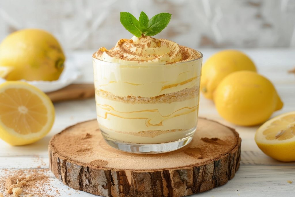 su un tavolo di legno bianco, un tagliere tondo con un bicchiere un tiramisù al limone attorno, limoni tagliati
