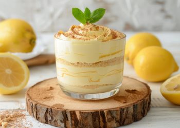 su un tavolo di legno bianco, un tagliere tondo con un bicchiere un tiramisù al limone attorno, limoni tagliati