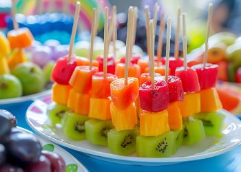 tavola con buffet piena di frutta e colorati spiedini di frutta estiva con kiwi, melone e anguria