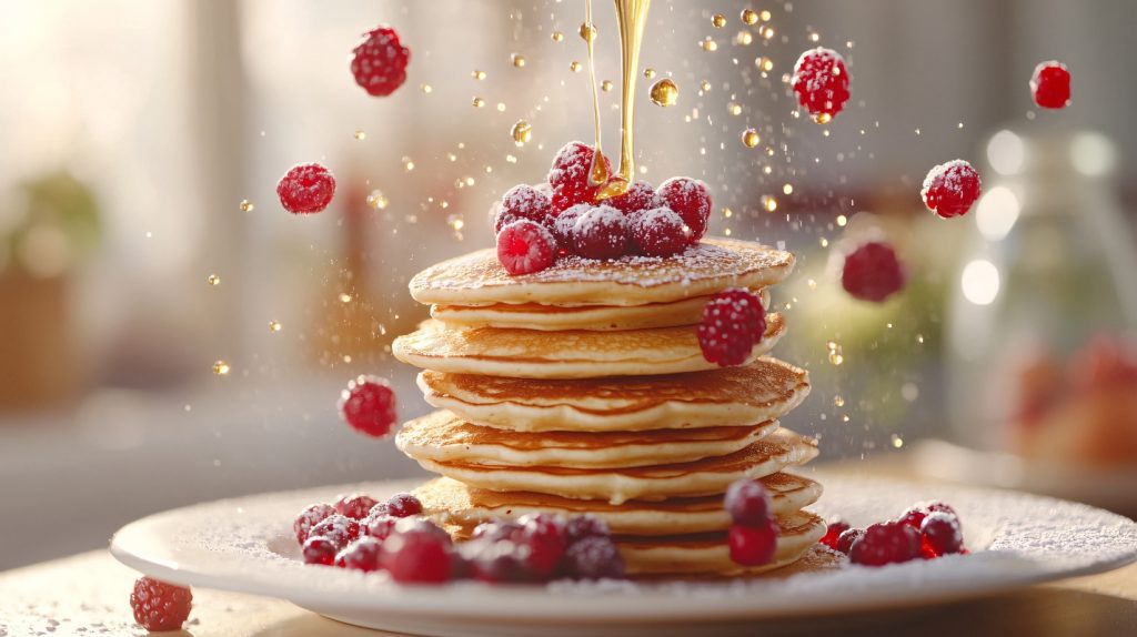 Fluffy pancake: la ricetta perfetta per pancake soffici 2 su un tavolo piatto bianco con diversi fluffy pancake, mirtilli rossi e sciroppo d'acero
