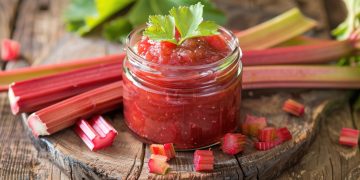 su piano di legno vasetto di marmellata rossa e rabarbaro intorno