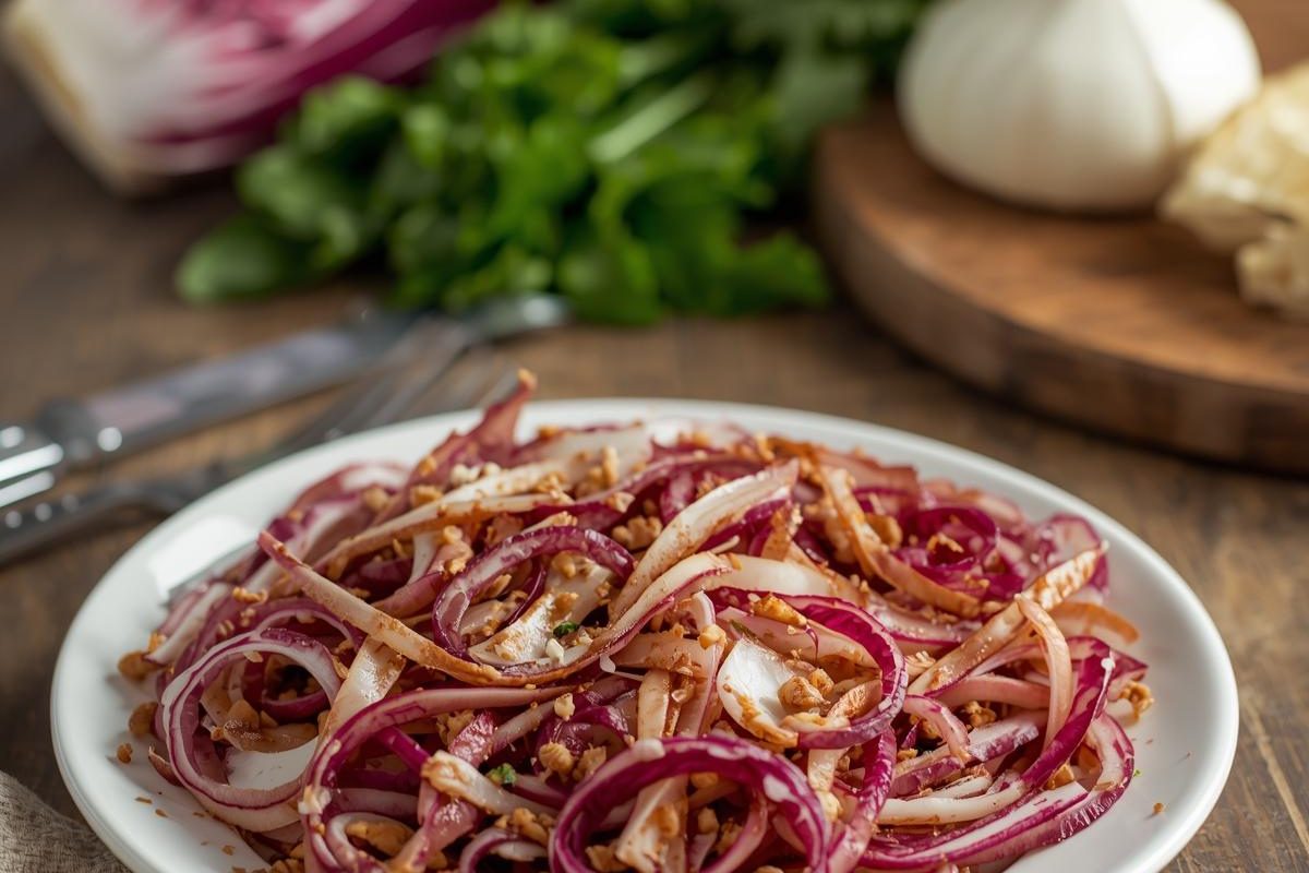 In primo piano su un tavolo di legno un piatto bianco con del radicchio in padella. Sullo sfondo delle posate, radicchio e aglio.
