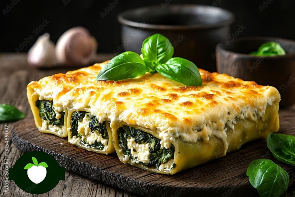 cannelloni ricotta e spinaci su un piatto di legno