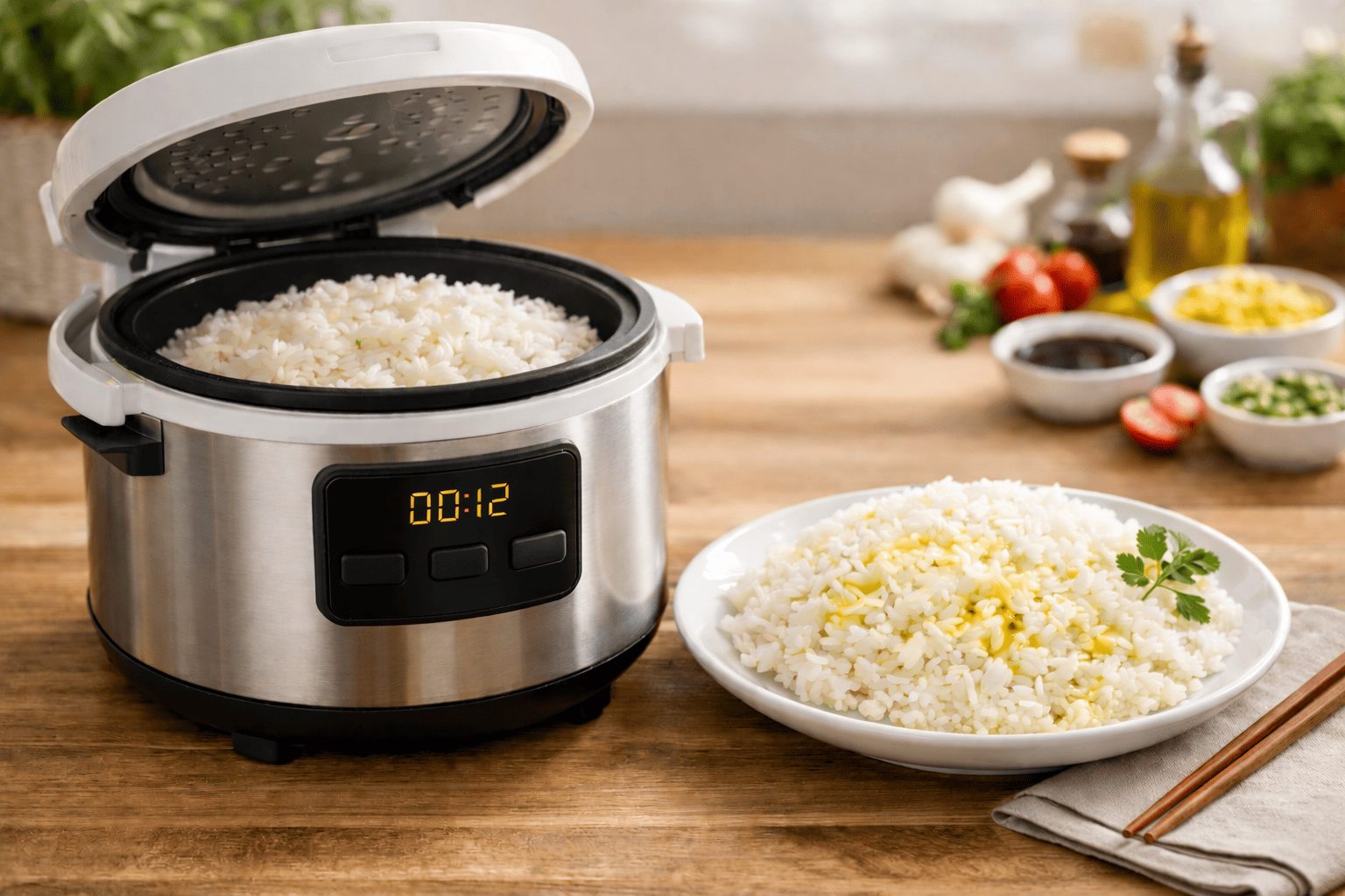 In primo piano su un tavolo di legno chiaro a sinistra c'è un cuociriso moderno e accanto un piatto di riso appena cotto condito con dell'olio e una macinata di pepe. Sullo sfondo ci sono alcuni ingredienti per condire il risotto.