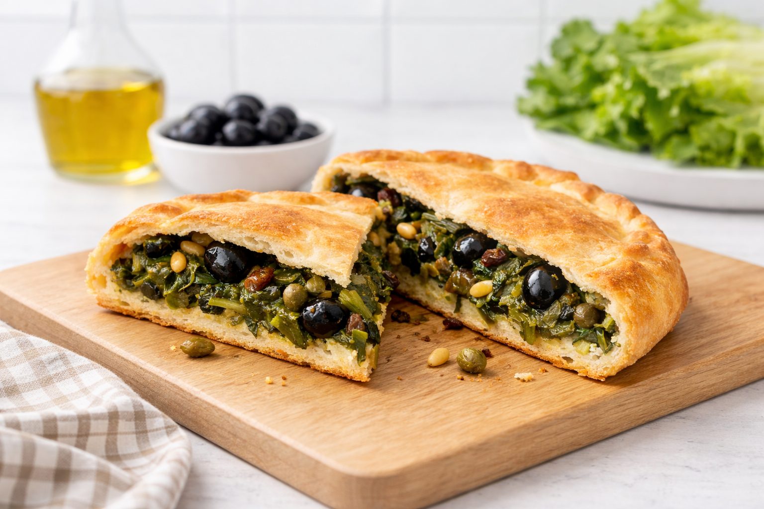 In primo piano su un tagliere di legno chiaro una pizza di scarola con olive e capperi e acciughe. Sullo sfondo ci sono un'oliera, una ciotola bianca con delle olive nere e la scarola.