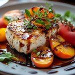 primo piano di un piatto nero con ricotta al forno e pomodorini con erbe aromatiche e aceto balsamico