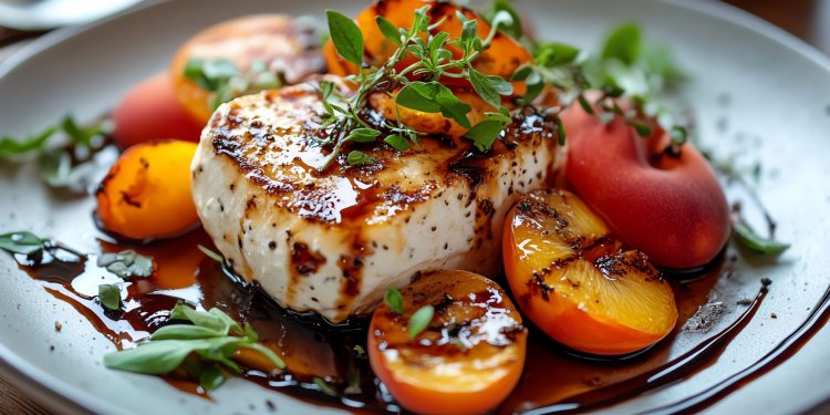 primo piano di un piatto nero con ricotta al forno e pomodorini con erbe aromatiche e aceto balsamico