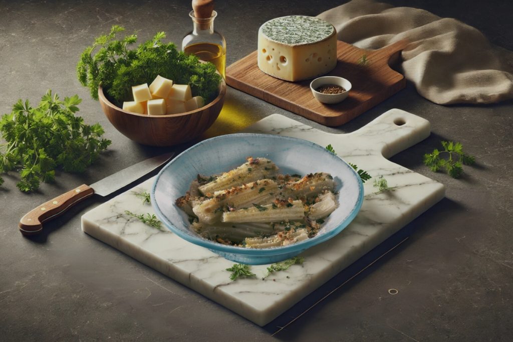Cardi in padella, la ricetta di un contorno drenante 1 su tavolo di legno tagliere di marmo con un ciotola di cardi in padella, accanto erbe aromatiche, formaggio tagliato a dadini e dietro formaggio intero