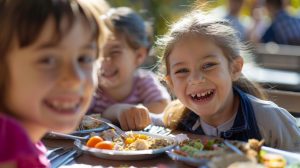 bambini a tavola a scuola che mangiano e ridono