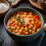 Zuppa di ceci: ricetta e videoricetta di un primo piatto caldo semplice 1 In primo piano su un tavolo di legno scuro, in una ciotola fonda c'è una zuppa di ceci con pomodoro e rosmarino. Sul tavolo alcuni ingredienti principali come aglio, sale rosmarino e un cucchiaio alla destra della ciotola.