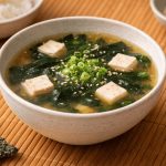 In primo piano una zuppa di miso con cubetti di tofu, alghe wakame e cipollotto verde in una ciotola bianca su una tovaglietta in legno.