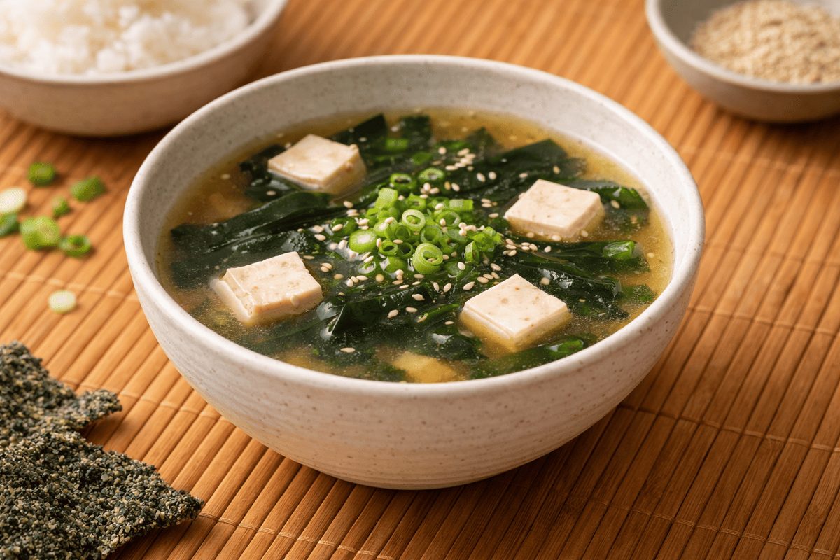 In primo piano una zuppa di miso con cubetti di tofu, alghe wakame e cipollotto verde in una ciotola bianca su una tovaglietta in legno.