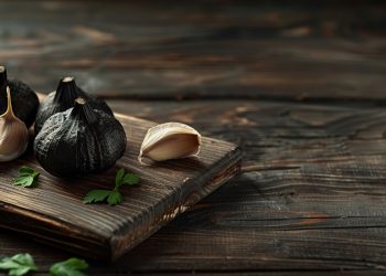 Alcuni bulbi di aglio nero su un tagliere