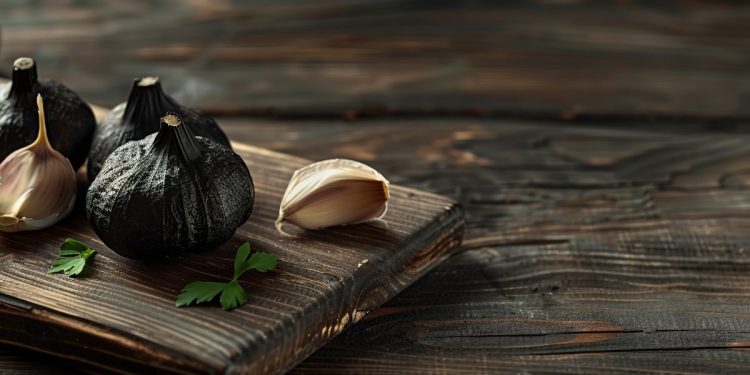 Alcuni bulbi di aglio nero su un tagliere