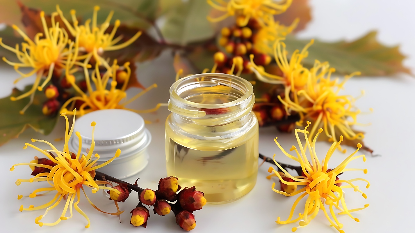su tavolo bianco piante di hamamelis con al centro contenitore con acqua di hamamelis e il tappo
