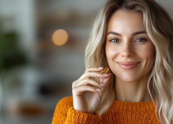 donna bionda e sorridente con maglione arancione che tiene in mano integratori di omega-3