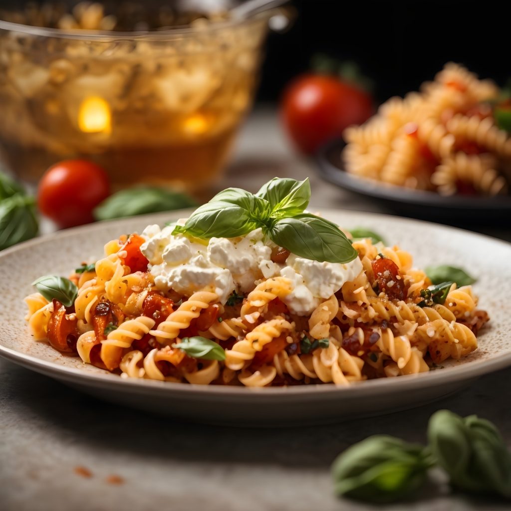 Pasta ricotta e pomodorini: un primo piatto cremoso 2 piatto piano tondo pieno di fusilli alla ricotta e pomodorini con foglie di basilico