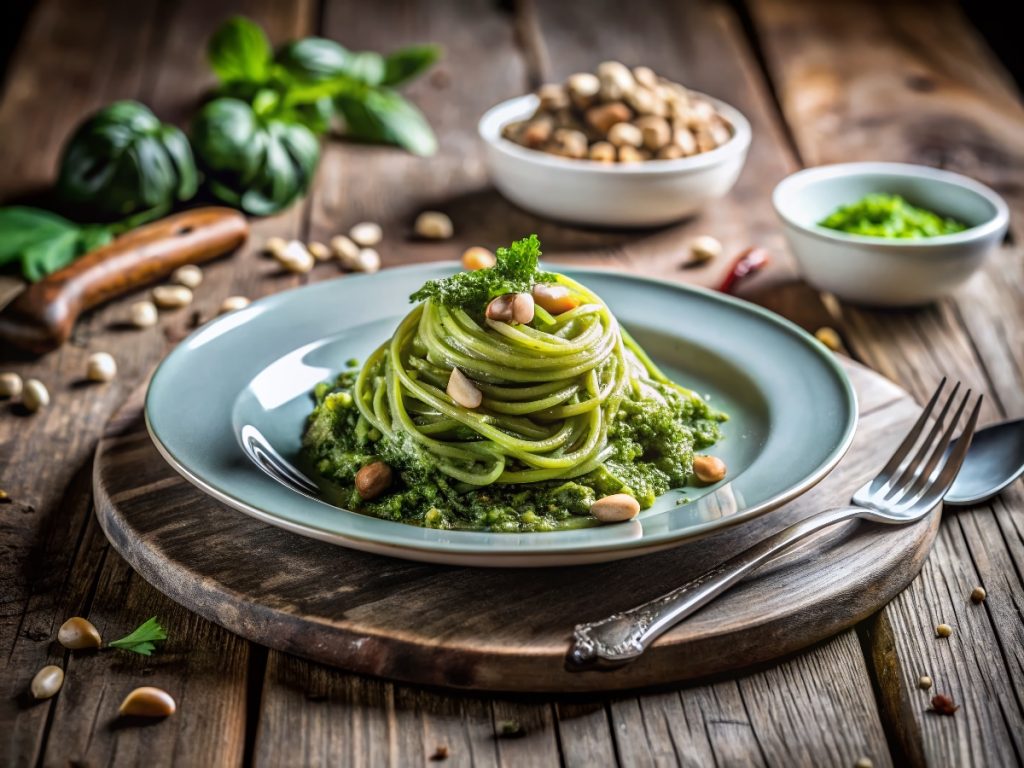Pesto di cavolo nero: la ricetta sana e facile per condire la tua pasta 4 su tavolo di legno tagliere con piatto azzurro e pasta con pesto di cavolo nero con frutta secca e una forchetta sulla desta. In fondo erbe aromatiche