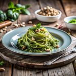 su tavolo di legno tagliere con piatto azzurro e pasta con pesto di cavolo nero con frutta secca e una forchetta sulla desta. In fondo erbe aromatiche