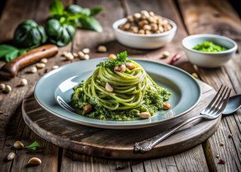 su tavolo di legno tagliere con piatto azzurro e pasta con pesto di cavolo nero con frutta secca e una forchetta sulla desta. In fondo erbe aromatiche