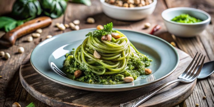 su tavolo di legno tagliere con piatto azzurro e pasta con pesto di cavolo nero con frutta secca e una forchetta sulla desta. In fondo erbe aromatiche