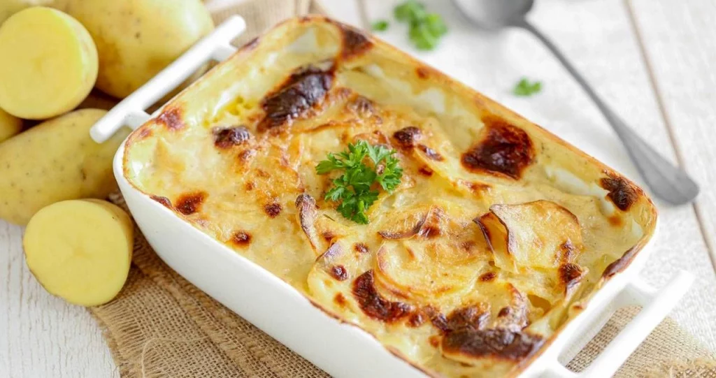 su tavolo bianco, tagliere di legno con piatto bianco di ceramica con parmigiana di patate. In alto a destra patate tagliate in 2