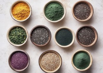 su tavolo bianco, ciotole piene di sueprfood: spirulina, semi di chia, curcuma, quinoa