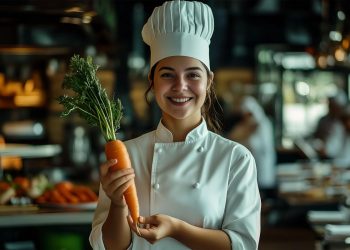 calorie delle carote: una giovane chef donna che tiene in mano una carota
