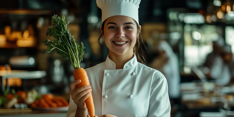 calorie delle carote: una giovane chef donna che tiene in mano una carota