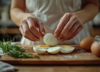 calorie uovo sodo: una donna che sbuccia le uova sode