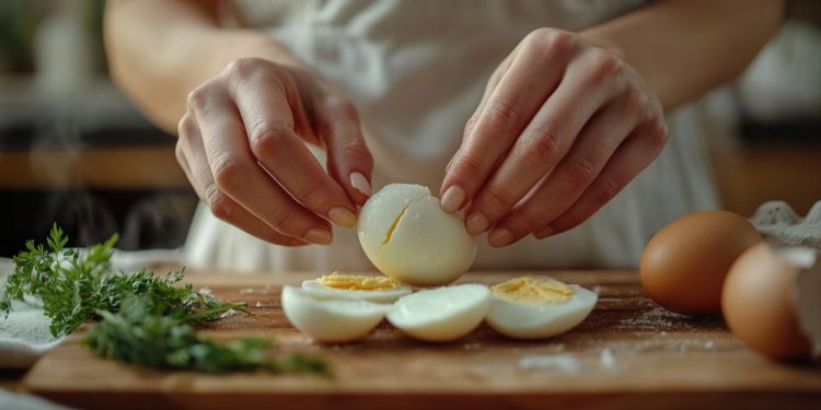 calorie uovo sodo: una donna che sbuccia le uova sode