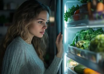 donna in cucina con il frigo aperto pieno di cibo che pensa a cosa mangio stasera