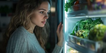 donna in cucina con il frigo aperto pieno di cibo che pensa a cosa mangio stasera