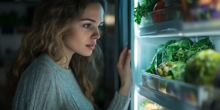 donna in cucina con il frigo aperto pieno di cibo che pensa a cosa mangio stasera