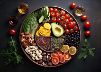 chat day: Piatto a scomparti con verdure, avocado, frutta secca, avocado e attorno olio EVO, prezzemolo, pomodorini. Piatto che rappresenta la dieta flexitariana