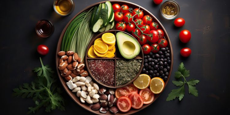 chat day: Piatto a scomparti con verdure, avocado, frutta secca, avocado e attorno olio EVO, prezzemolo, pomodorini. Piatto che rappresenta la dieta flexitariana