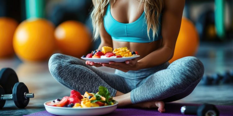 donna con capelli biondi seduta in palestra su tappetino yoga con leggings e top azzurro tiene in mano un piatto perché segue una dieta per massa muscolare . Sul tappetino un altro piatto