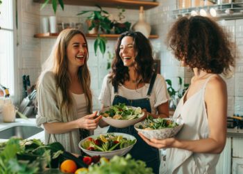 tre donne che tengono in mano delle ciotole colme di verdure per capire le differenze tra vegano e vegetariano