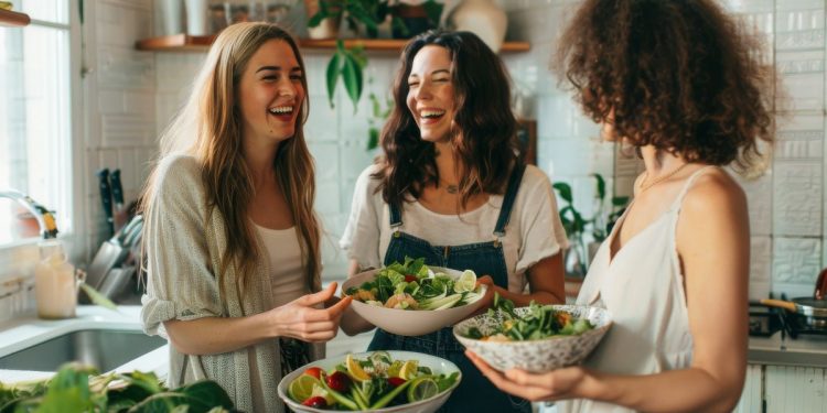 tre donne che tengono in mano delle ciotole colme di verdure per capire le differenze tra vegano e vegetariano