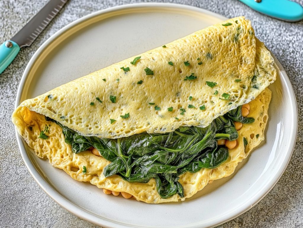 ricette con frittata: in primo piano, un piatto bianco con una frittata di albumi con la verdura dentro. Accanto un coltello azzurro