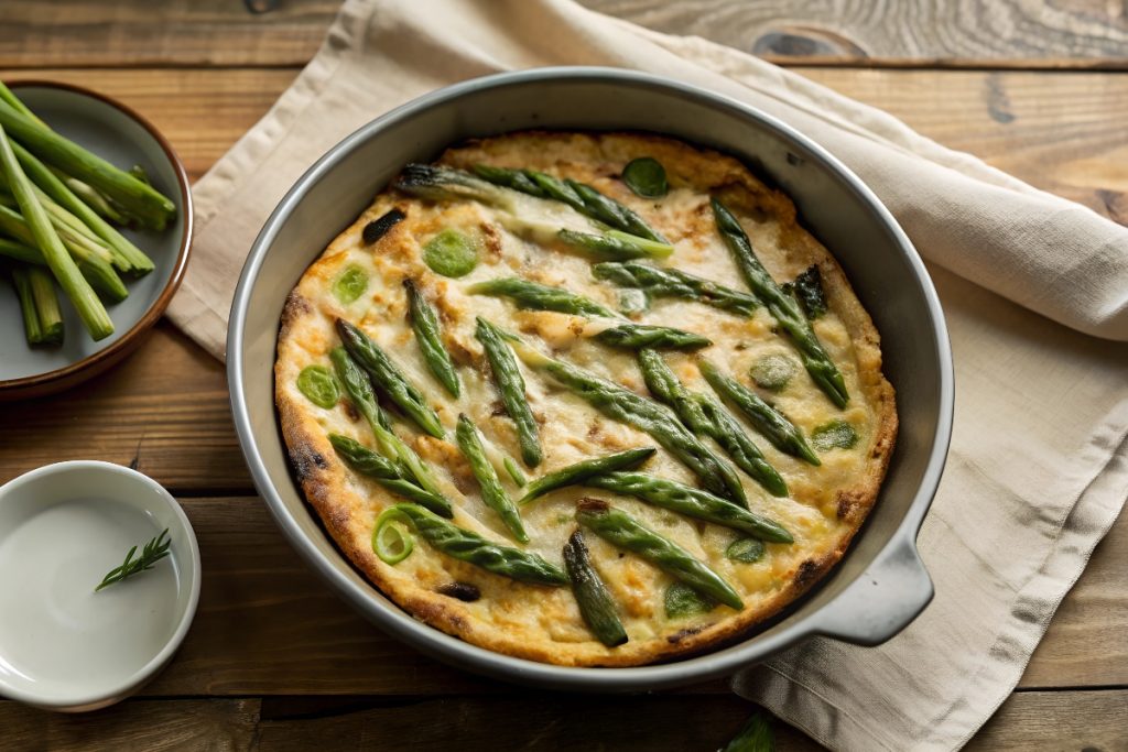su tavolo di legno canovaccio beige con piatto da forno che contiene una frittata di asparagi ,sulla destra piattino con asparagi puliti