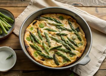 su tavolo di legno canovaccio beige con piatto da forno che contiene una frittata di asparagi ,sulla destra piattino con asparagi puliti