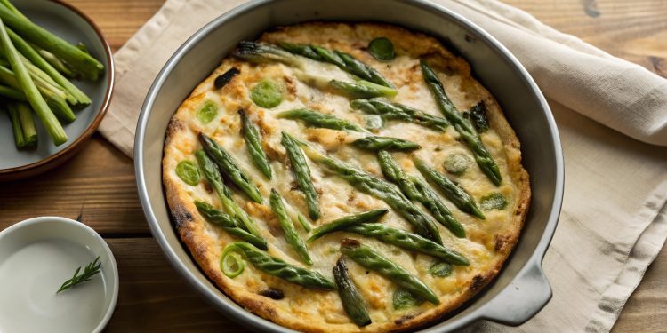 su tavolo di legno canovaccio beige con piatto da forno che contiene una frittata di asparagi ,sulla destra piattino con asparagi puliti