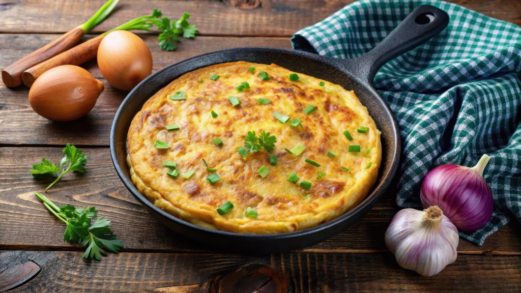 ricette con frittata: su tavolo di legno, teglia con frittata di patate e cipolle con attorno, cipolle bianche e rosse, un canovaccio verde a quadretti bianchi