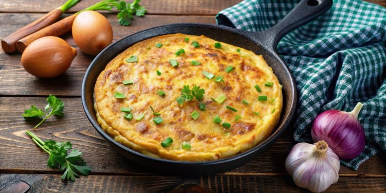 ricette con frittata: su tavolo di legno, teglia con frittata di patate e cipolle con attorno, cipolle bianche e rosse, un canovaccio verde a quadretti bianchi