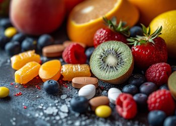 su tavolo nero, kiwi, fragole, mirtilli e lamponi accanto ad integratori per rappresentare la nutraceutica