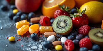 su tavolo nero, kiwi, fragole, mirtilli e lamponi accanto ad integratori per rappresentare la nutraceutica