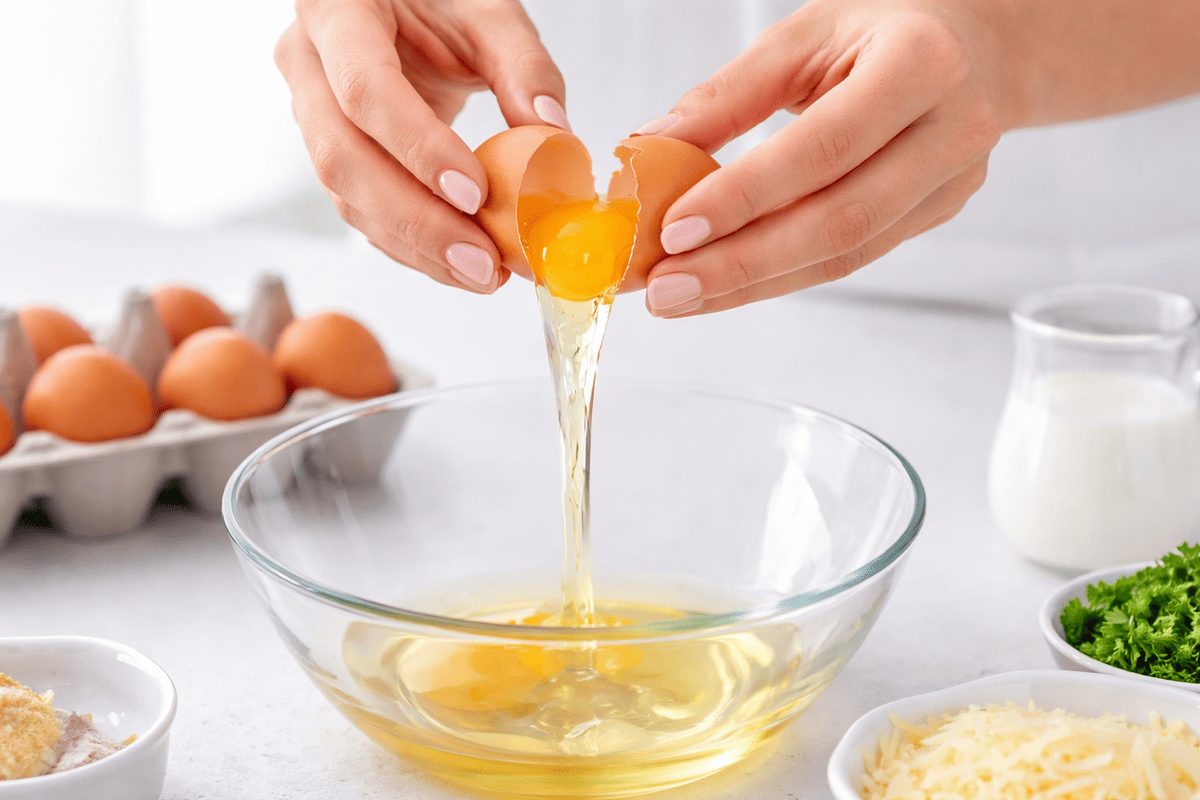 Le migliori ricette con frittata: idee veloci da fare in padella o al forno 1 In primo piano le mani di una donna che rompe delle uova dentro una ciotola in vetro. Sullo sfondo delle uova fresche, del latte e del Parmigiano in una ciotola bianca.