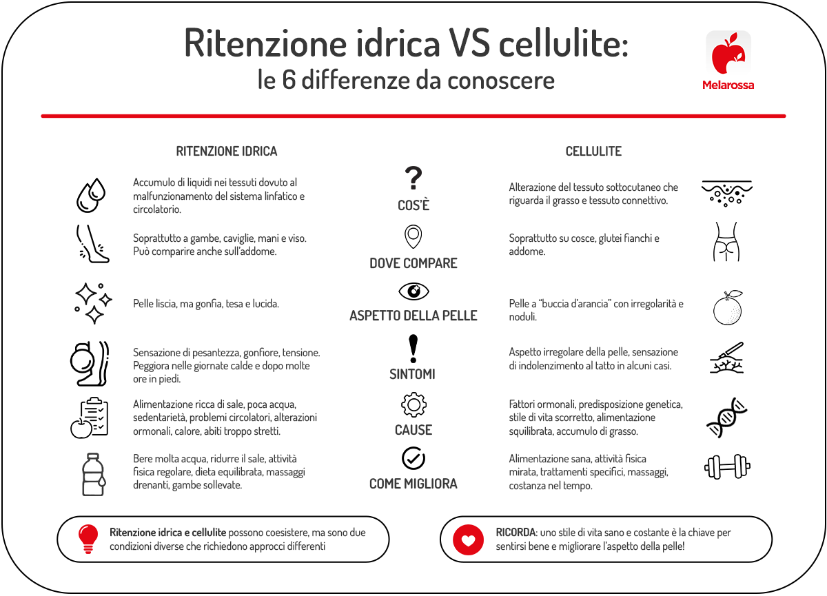Ritenzione idrica: sintomi, cause, cosa mangiare e rimedi 1 tabella che elenca e descrive 6 differenze tra la ritenzione idrica e la cellulite